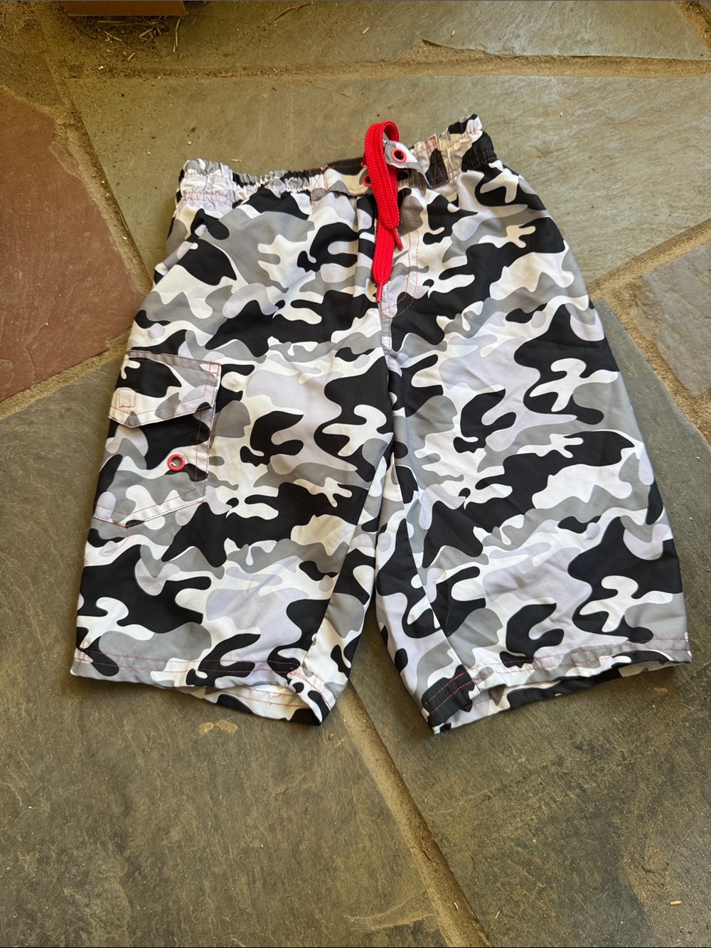 Kids Black & Gray Camo Swim Trunks with Red Drawstring